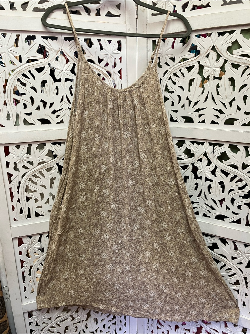 Mahina beige floral flowy spaghetti strap , cami midi dress, size S